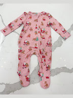Vintage Reindeer & Santa Pink - 2 Way Ruffle Back Zipper Footie
