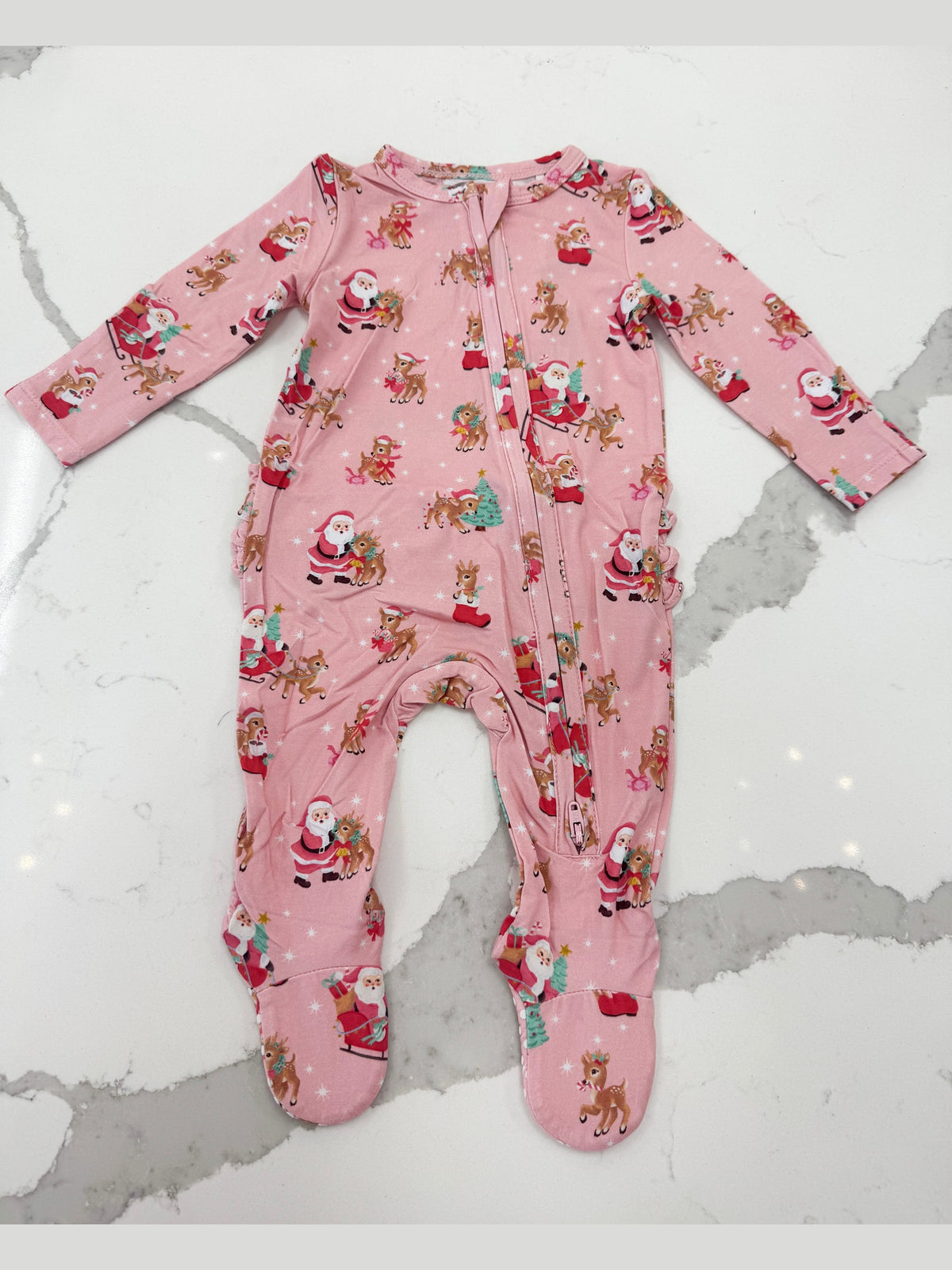 Vintage Reindeer & Santa Pink - 2 Way Ruffle Back Zipper Footie