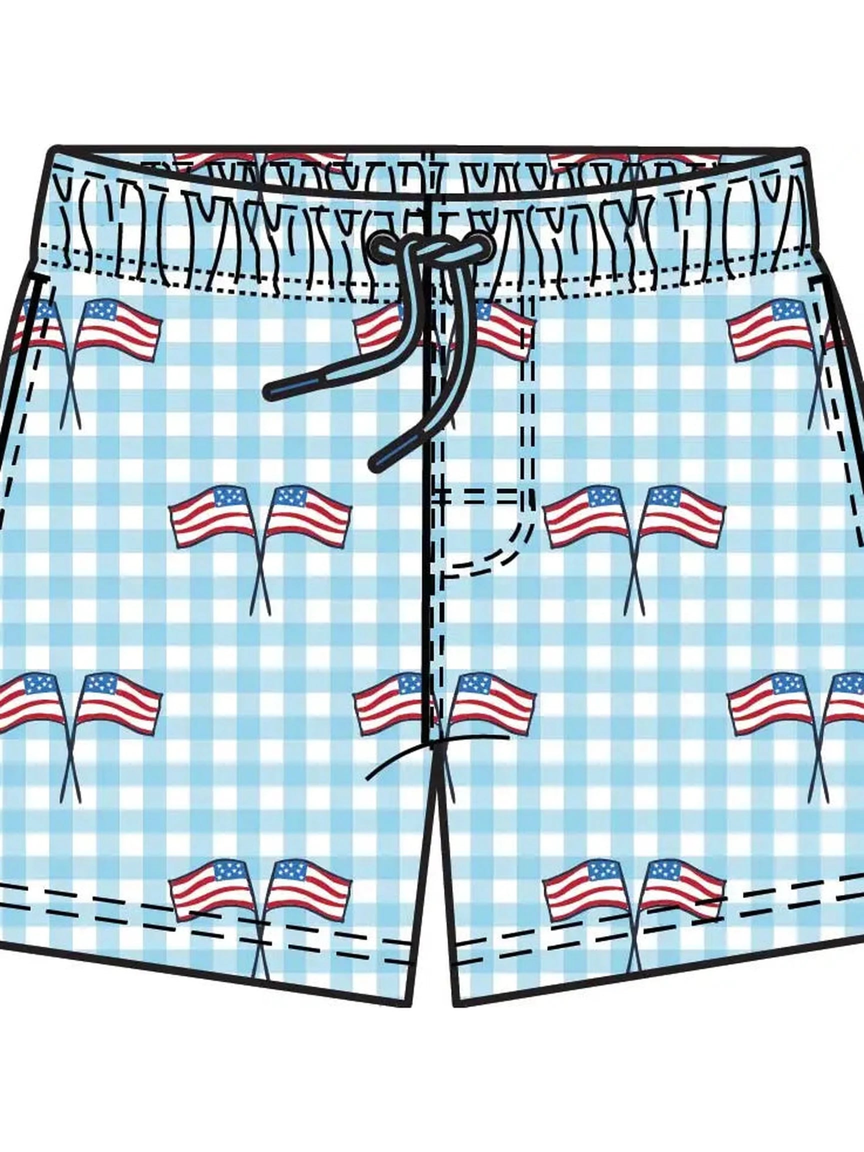Boys Blue Patriotic Gingham Performance Hybrid Swim Trunks