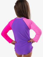 Neon Purple Color Block Long Sleeve One Piece Rash Guard Swimsuit - Posh Tots Children's Boutique