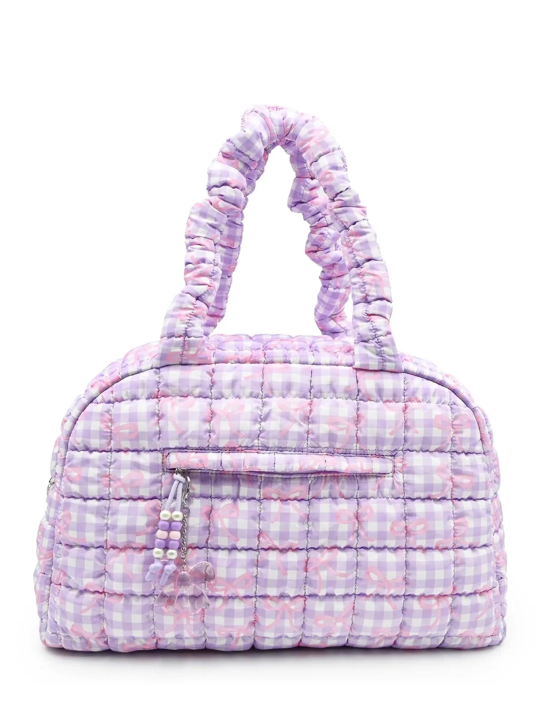 Quilted Scrunchies Bow Printed Medium Duffle Bag with Charm