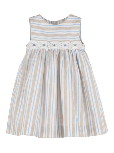 Stripes Embroidered Dress - Beige
