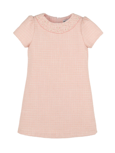 Embroidered Tweed Shift Dress - Pink