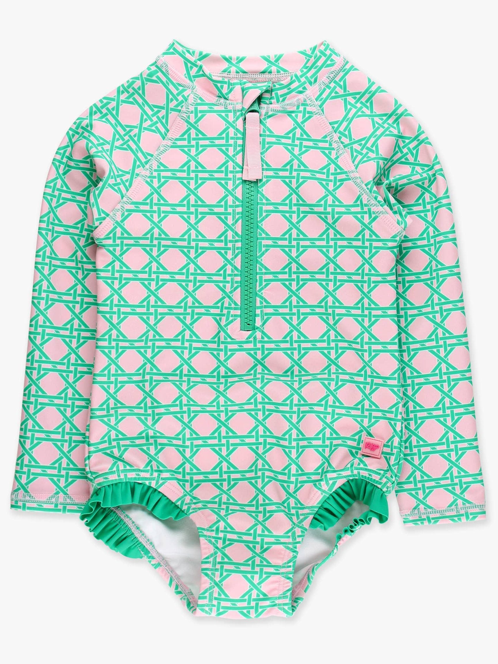 Pink Coastal Cane Long Sleeve One Piece Rash Guard Swimsuit - Posh Tots Children's Boutique