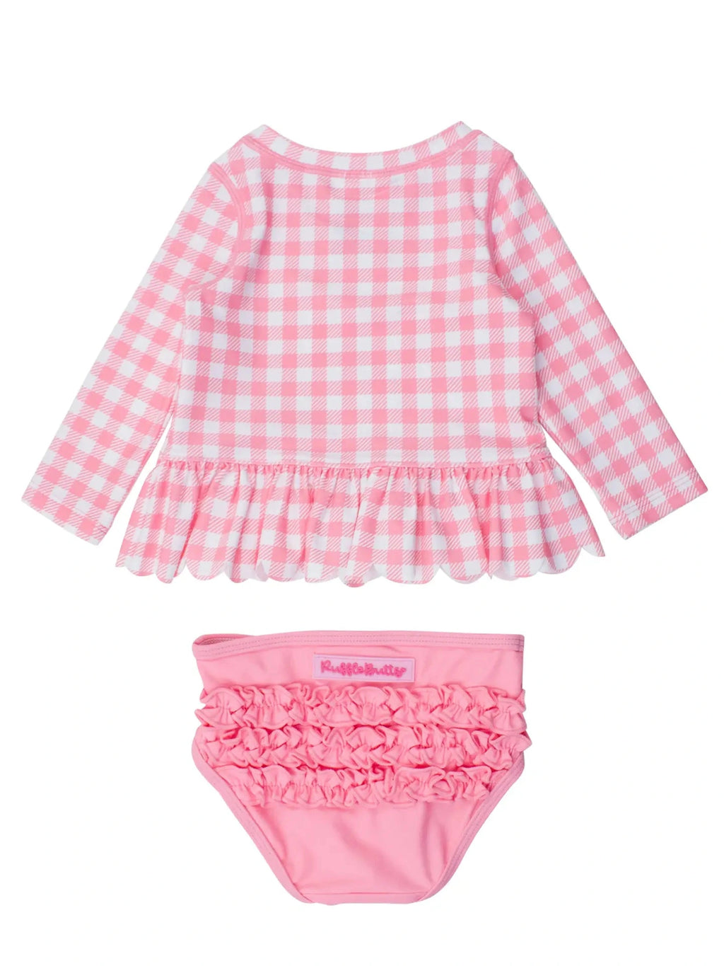 Bubblegum Gingham Scallop Hem Long Sleeve Rash Guard 2-Piece Swimsuit - Posh Tots Children's Boutique