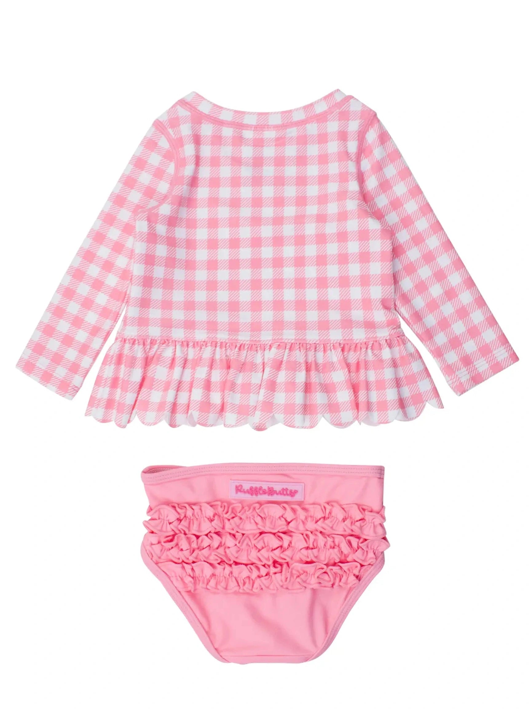 Bubblegum Gingham Scallop Hem Long Sleeve Rash Guard 2-Piece Swimsuit - Posh Tots Children's Boutique
