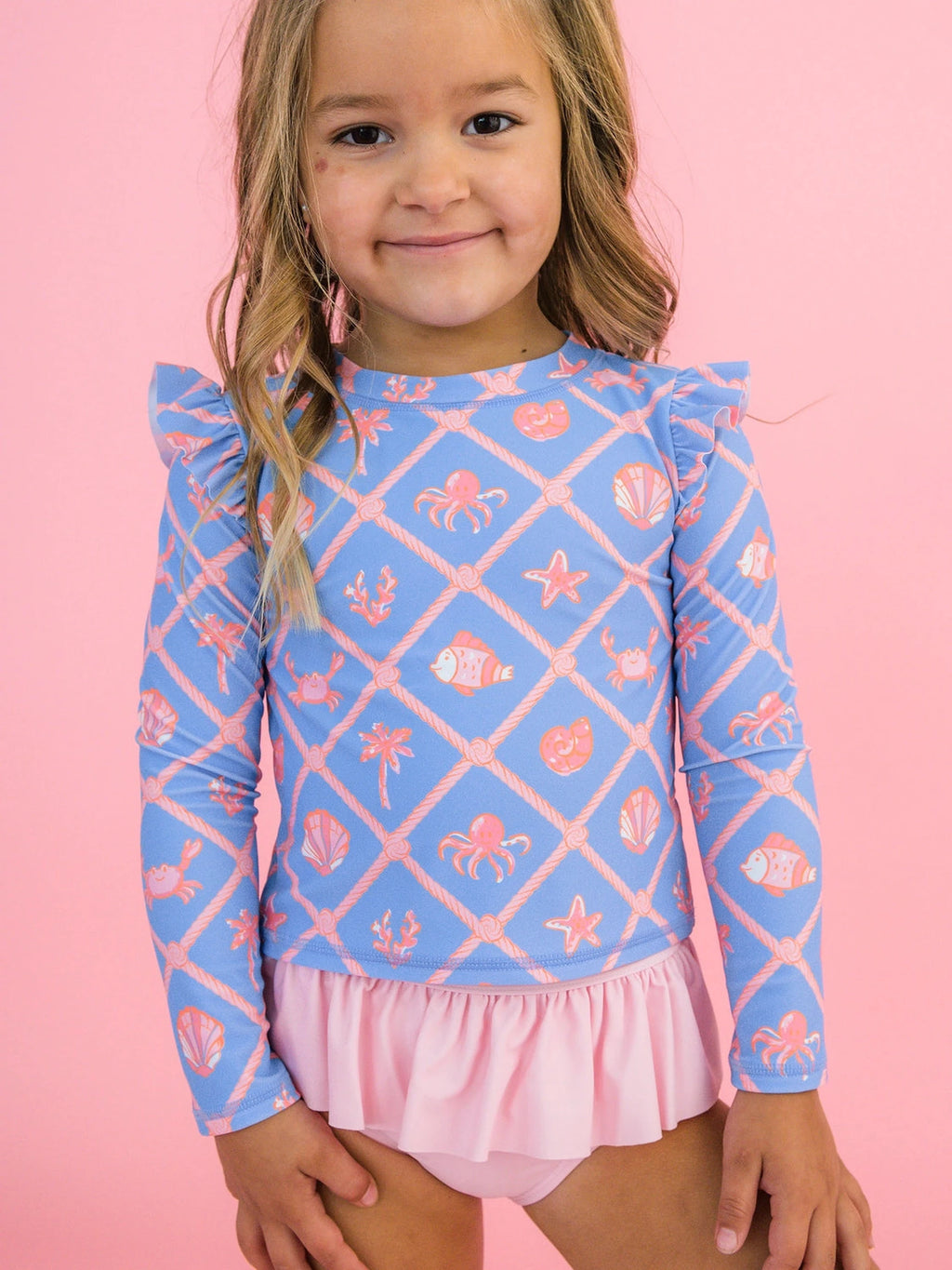 Tropical Trellis Flutter Long Sleeve Rash Guard Skirted 2-Piece Swimsuit - Posh Tots Children's Boutique