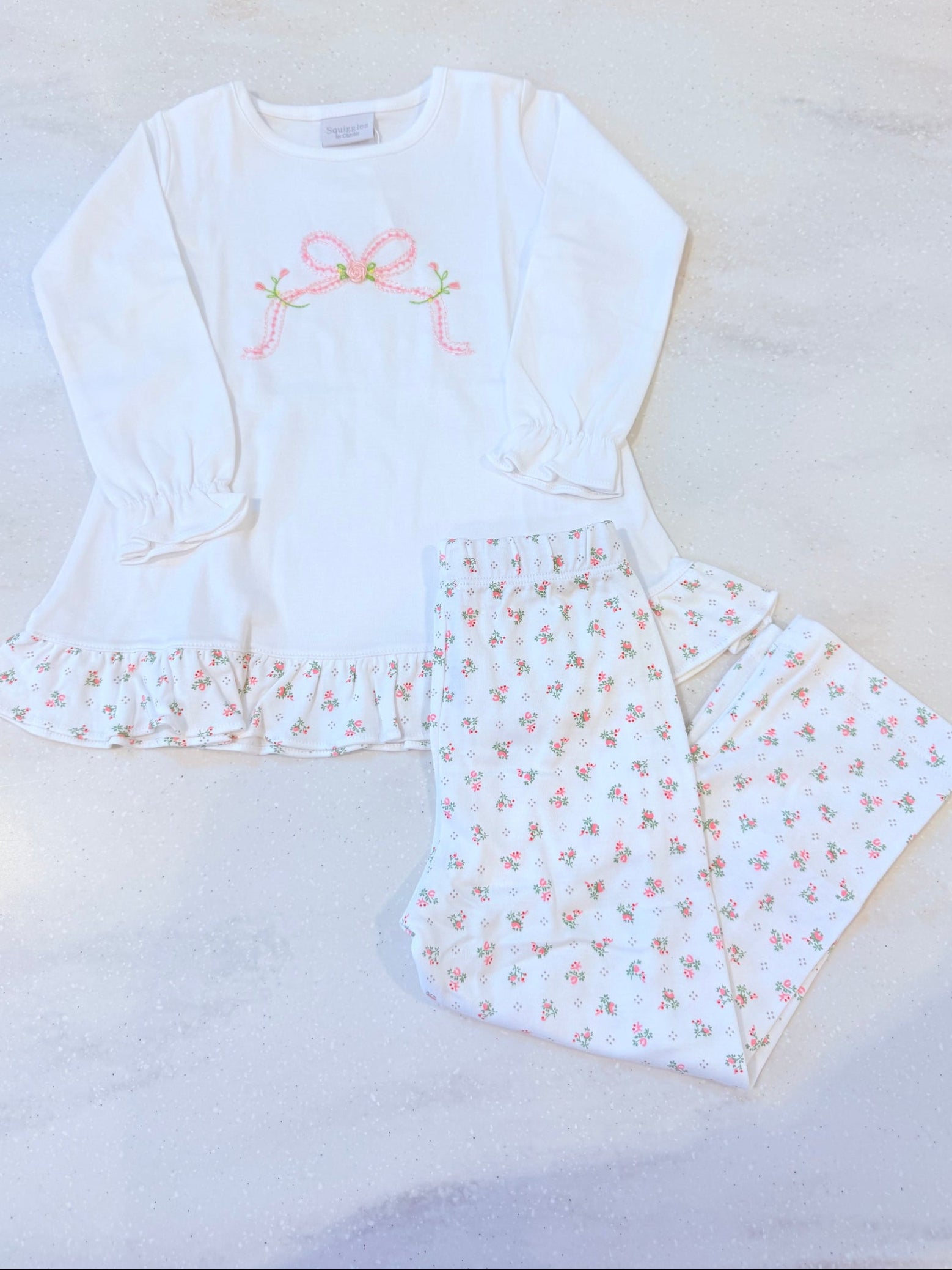 Letter Bow Embroidered Floral Leggings Set