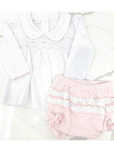 Ava and Archie Pink Smocked Ruffle Diaper Set