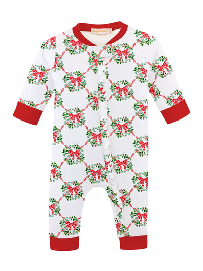 PRE-ORDER Printed Zipper Coverall w/Ruffles - Christmas Wreath