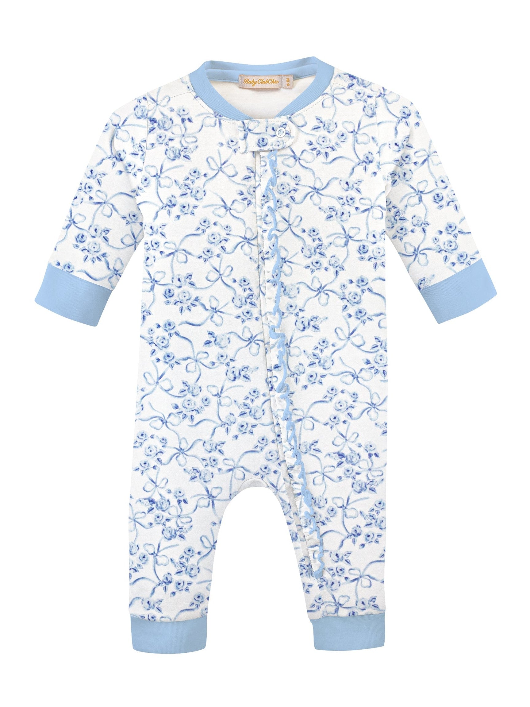 Blue Romantic Toile Zipped Coverall With Ruffles