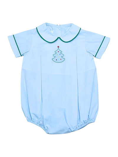 Light blue baby boy bubble with green trim and Christmas tree design on the front