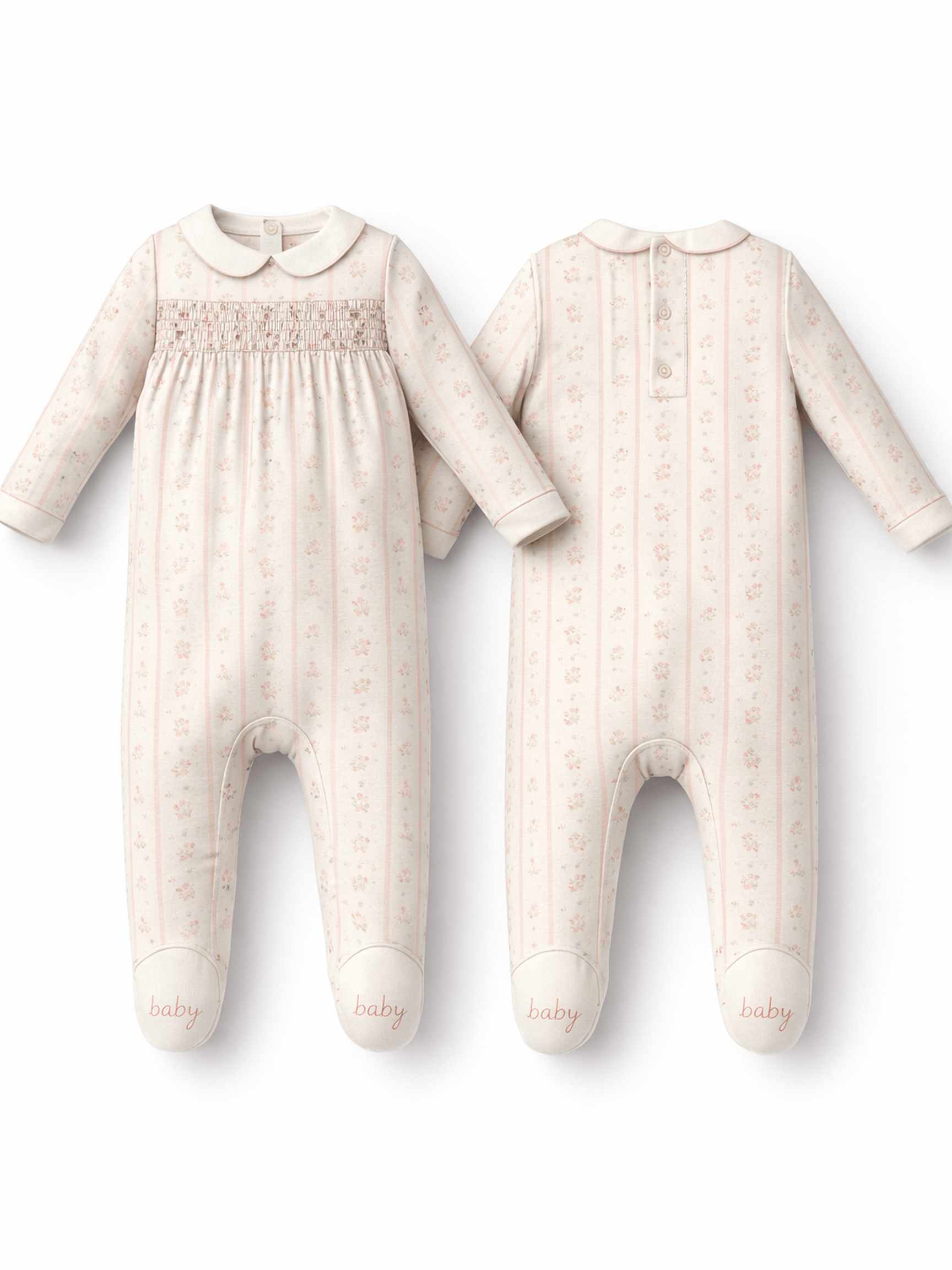 Marnie Rosebud Stripe - Smocked Peter Pan Snap Footie