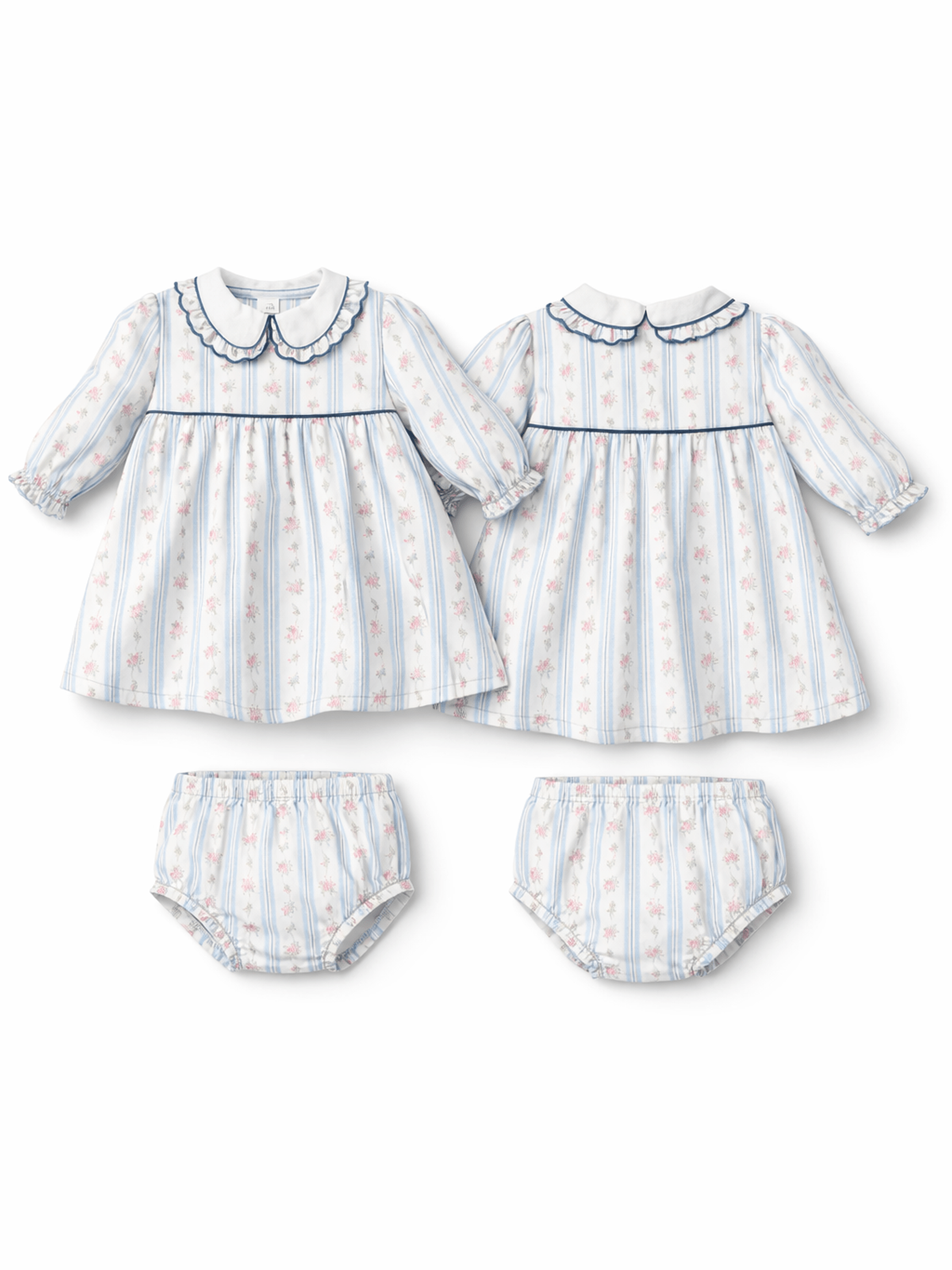 Anna Floral Stripe - Long Sleeve Peter Pan Ruffle Collar Dress and Bloomer