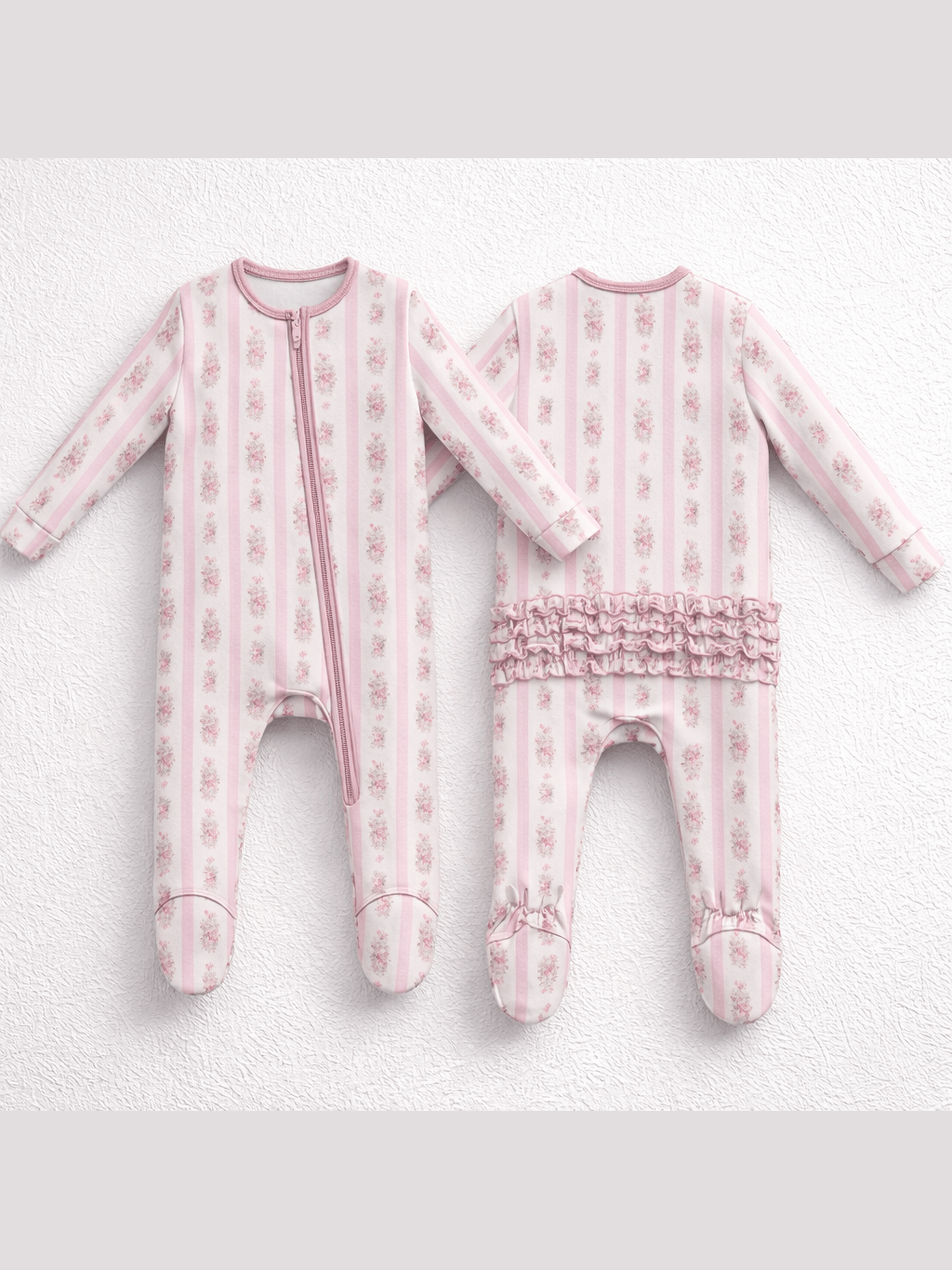 Bella Rose Stripe - 2 Way Ruffle Back Zipper Footie