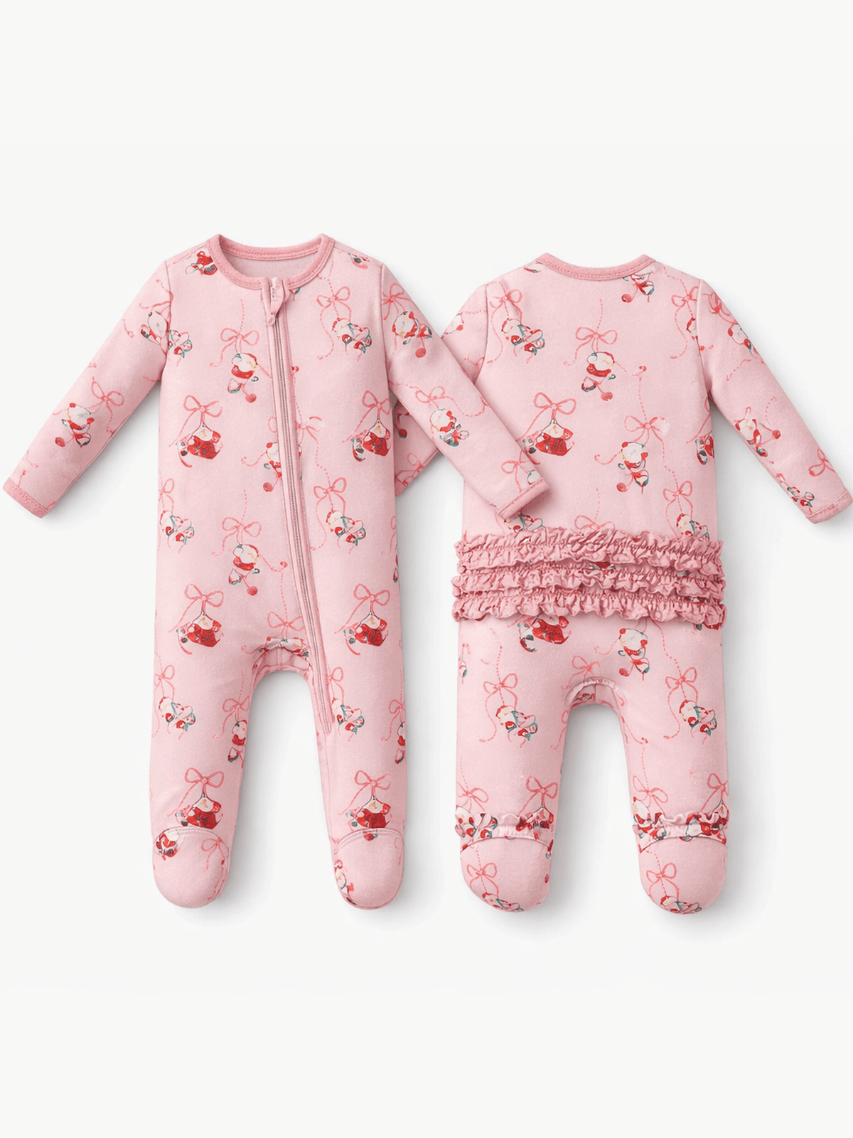 Bows & Santa - 2 Way Ruffle Back Zipper Footie