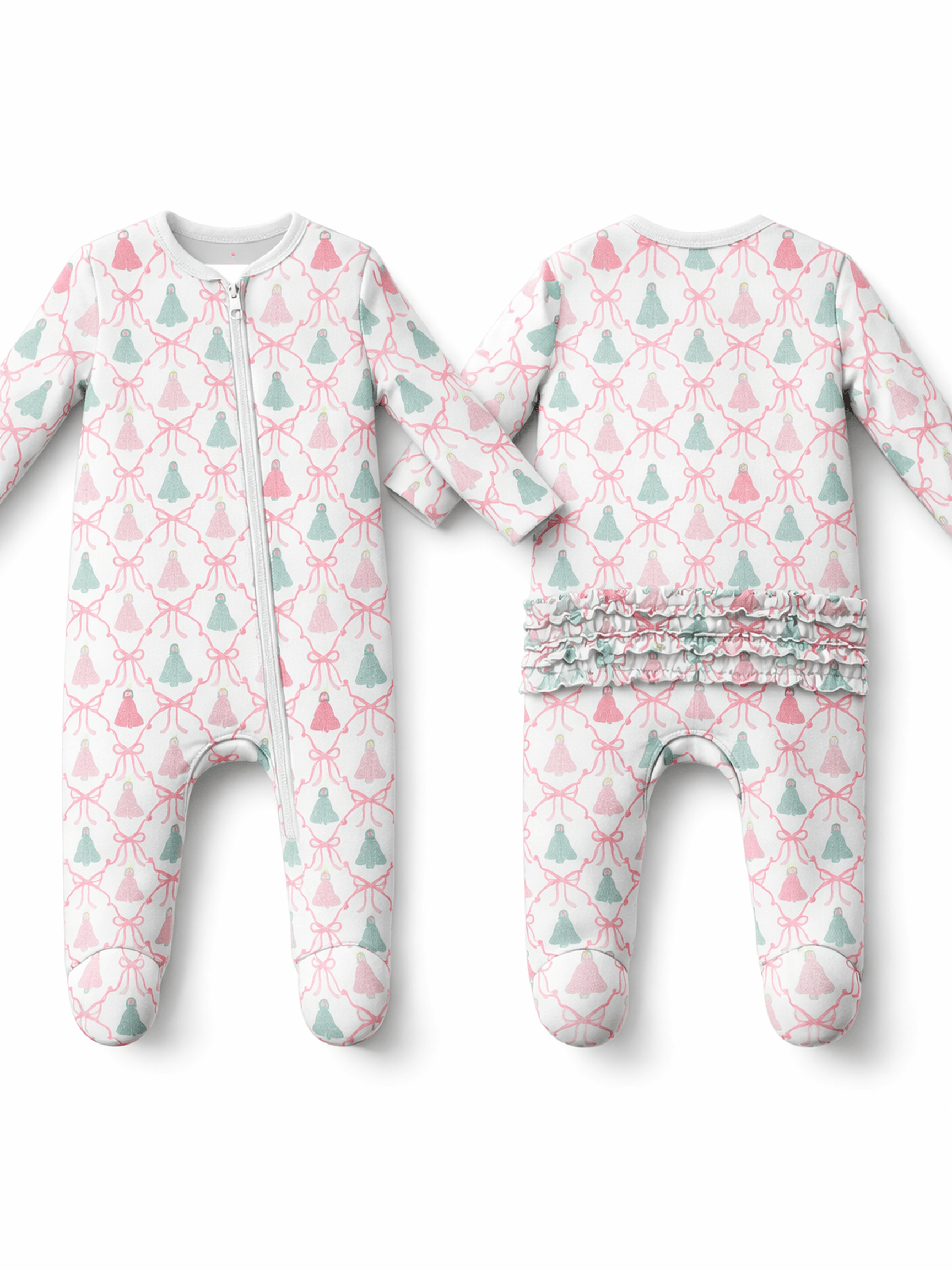 Bow Trellis Tree - 2 Way Ruffle Back Zipper Footie