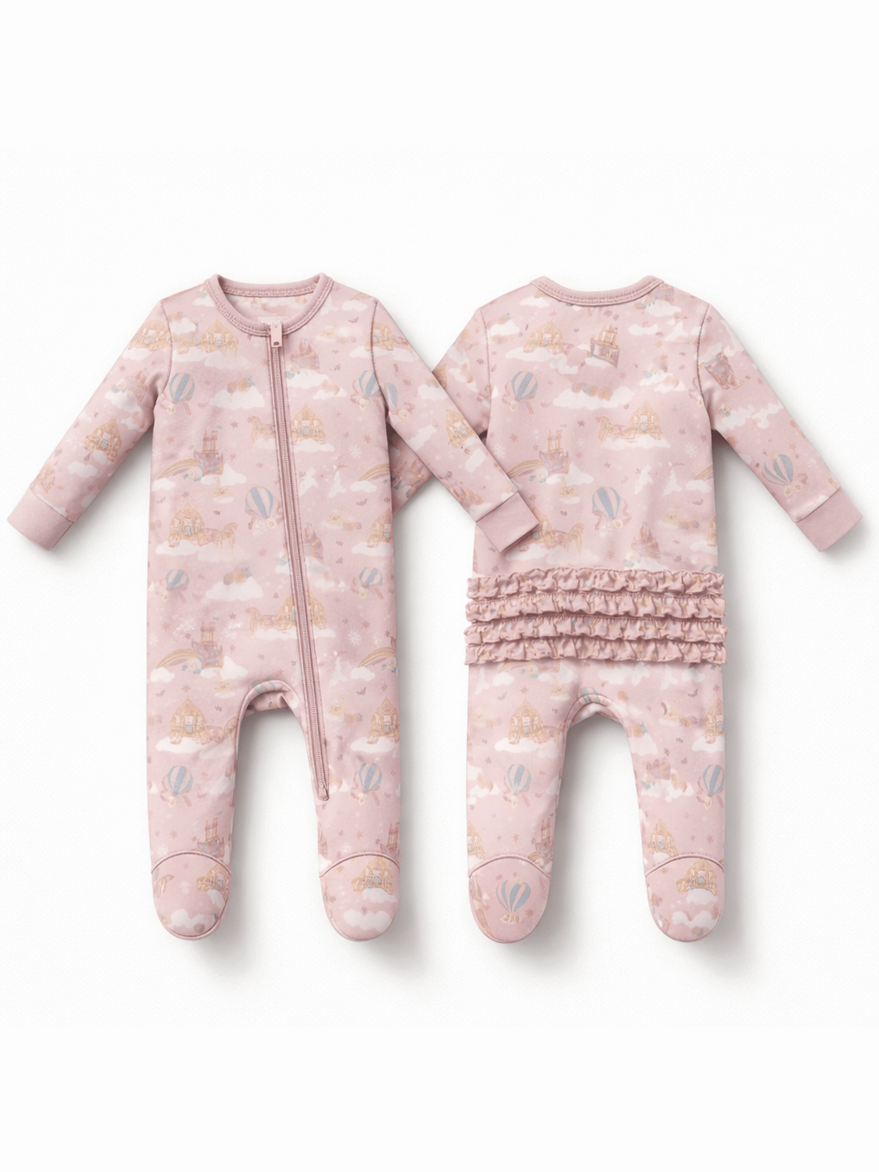 Princess Unicorns and Castle - 2 Way Ruffle Back Zipper Footie