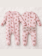 Vintage Reindeer & Santa Pink - 2 Way Ruffle Back Zipper Footie
