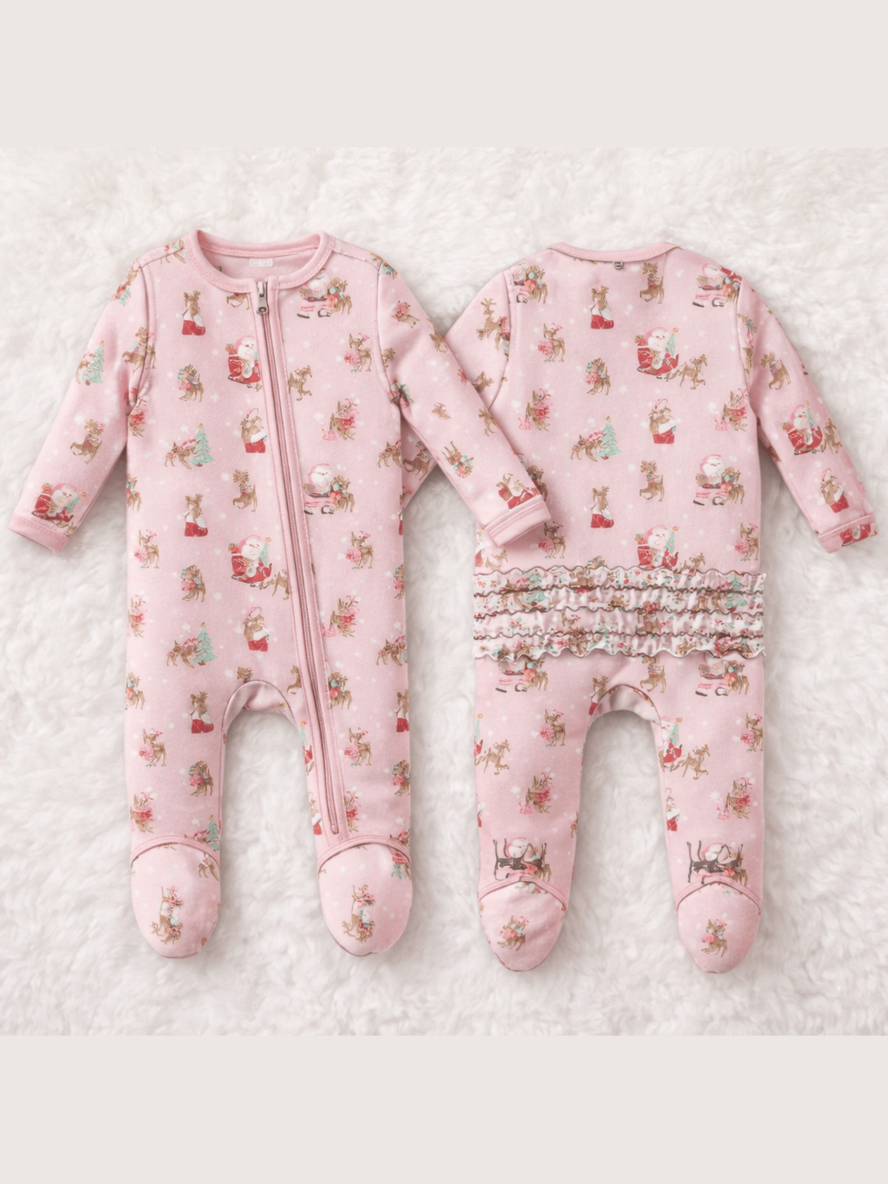 Vintage Reindeer & Santa Pink - 2 Way Ruffle Back Zipper Footie