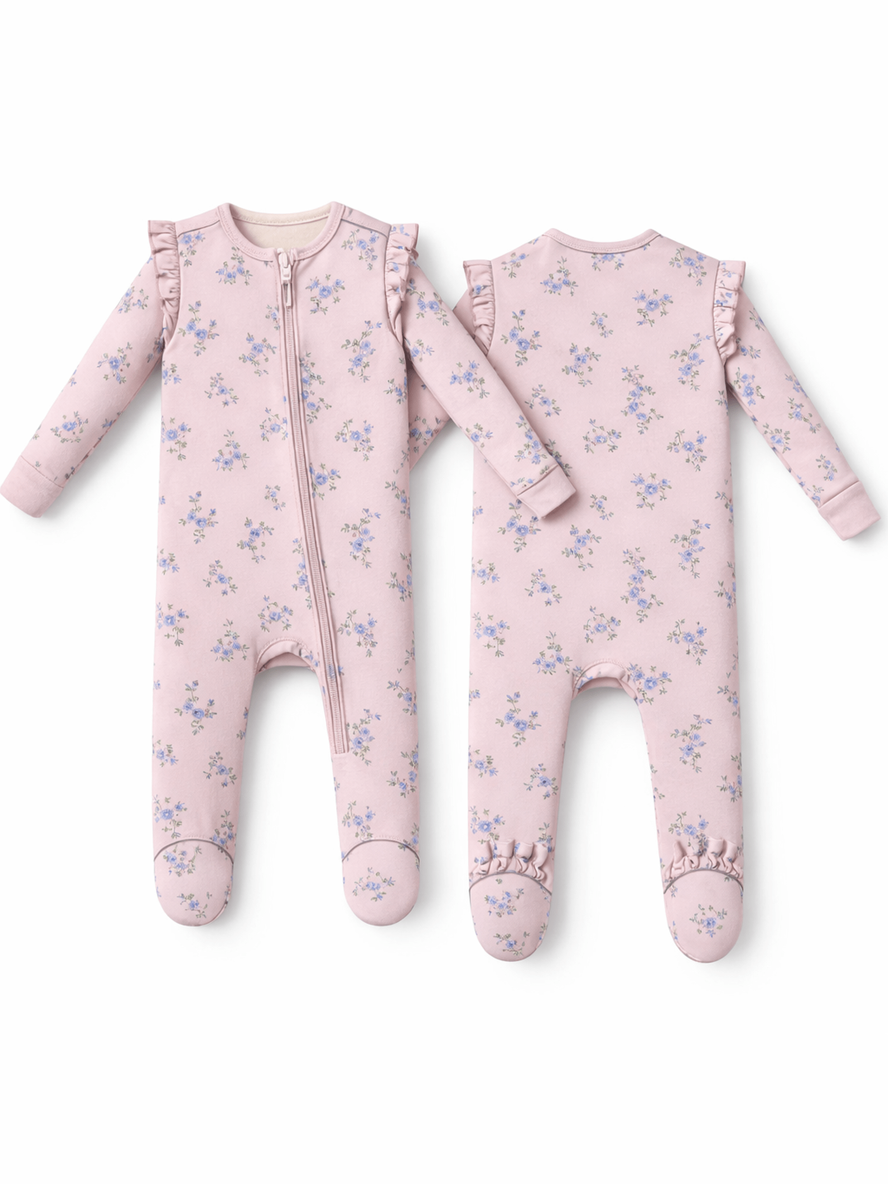 Sweet Hanna Floral Velour - 2 Way Ruffle Sleeve Zipper Footie