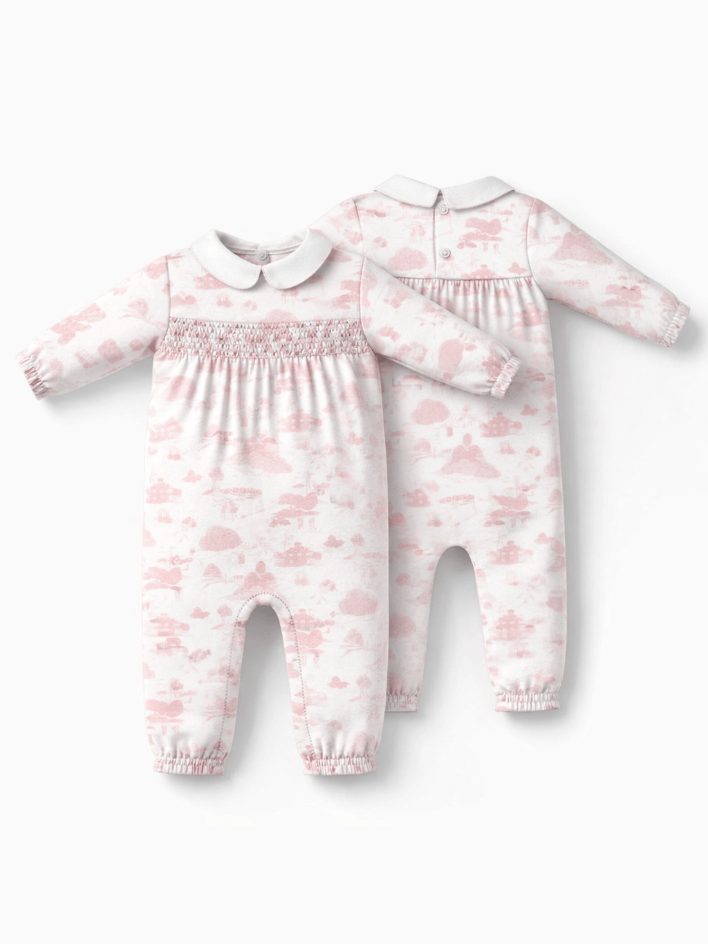 Golf Toile Pink - Smocked Long Sleeve Romper