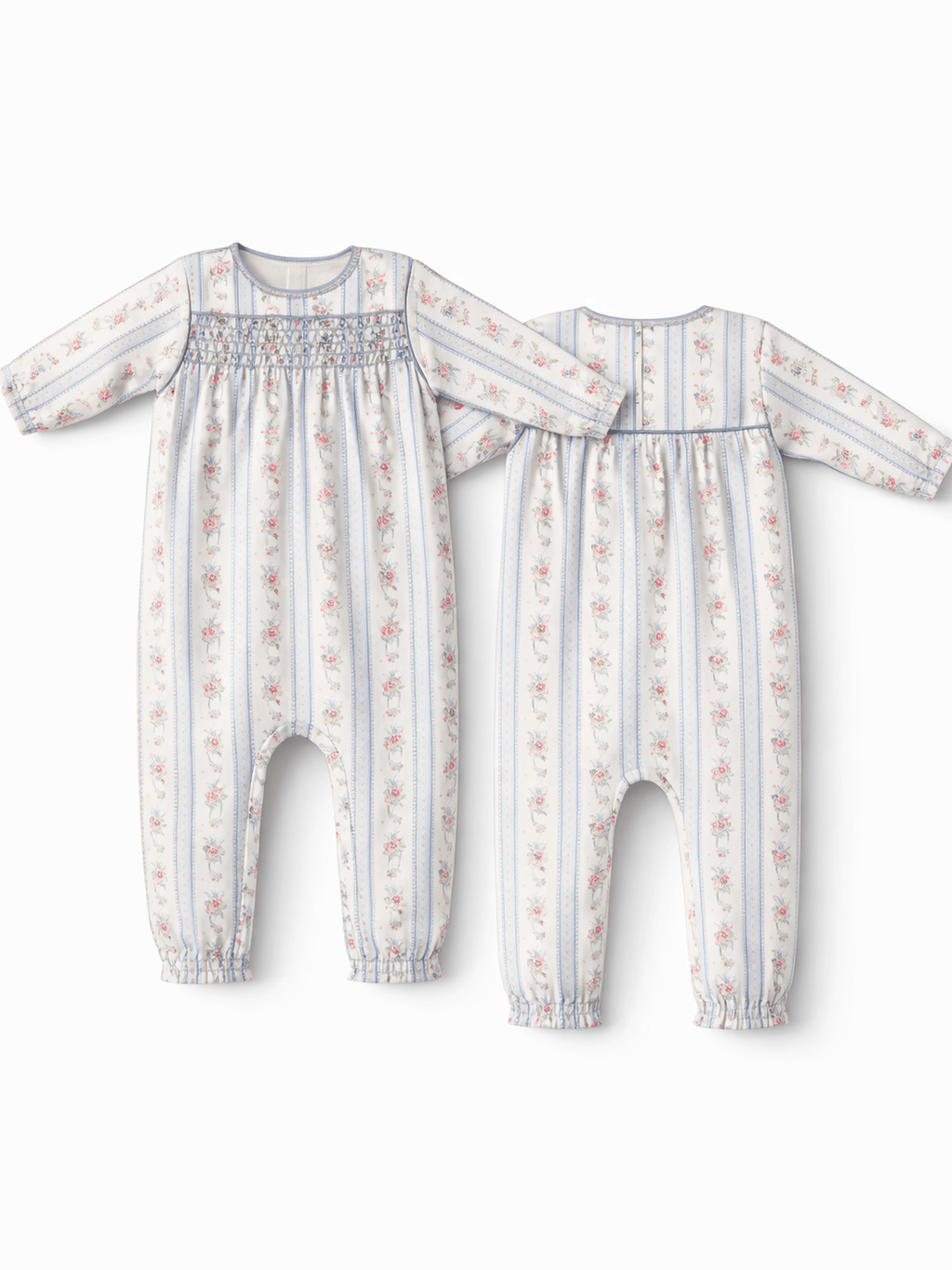 Anna Floral Stripe - Smocked Long Sleeve Romper