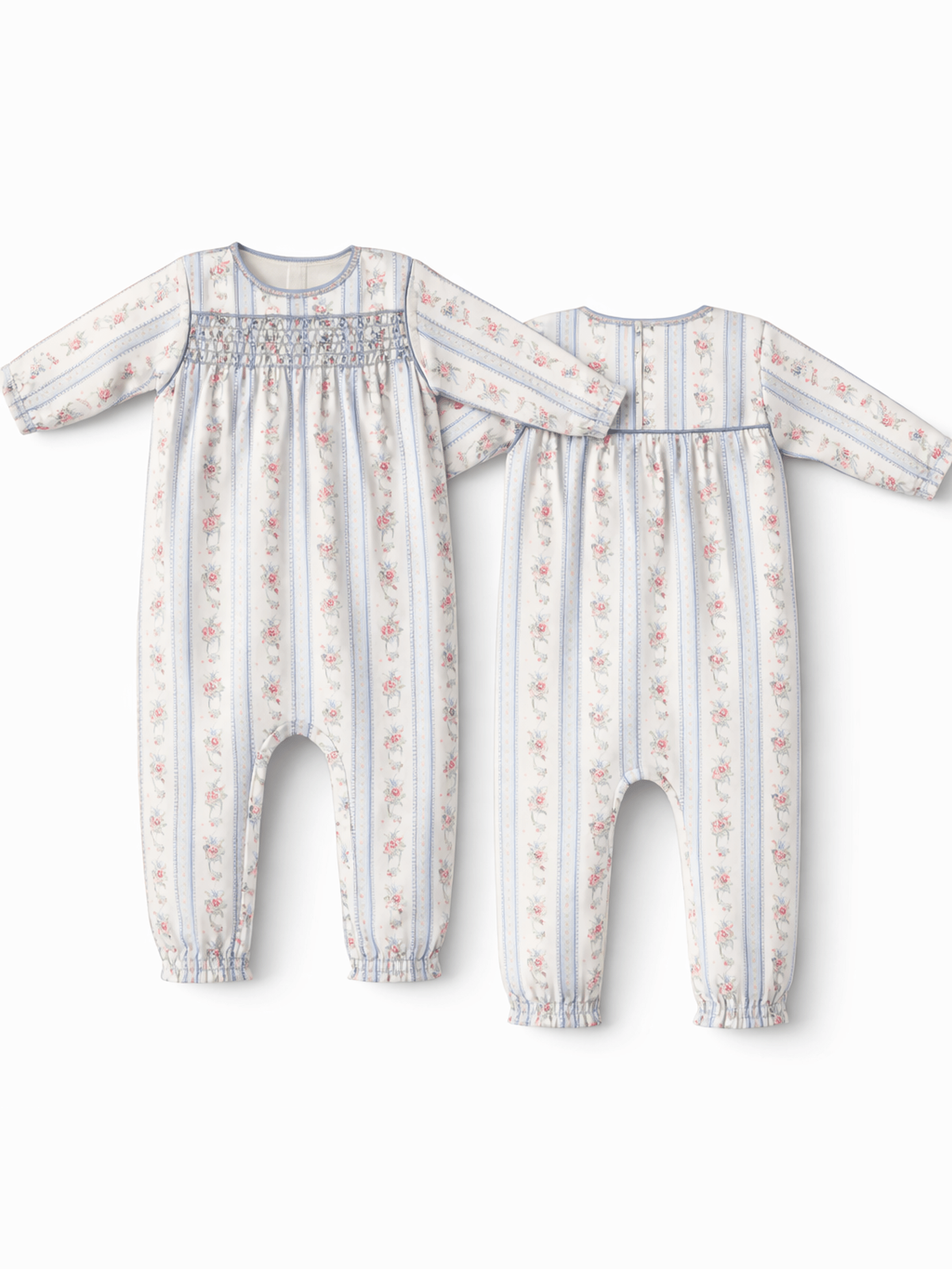 Anna Floral Stripe - Smocked Long Sleeve Romper
