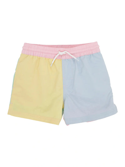 Country Club Colorblock Swim Trunks - Seaside Sunny Yellow, Palm Beach Pink, Buckhead Blue, and Sea Island Seafoam