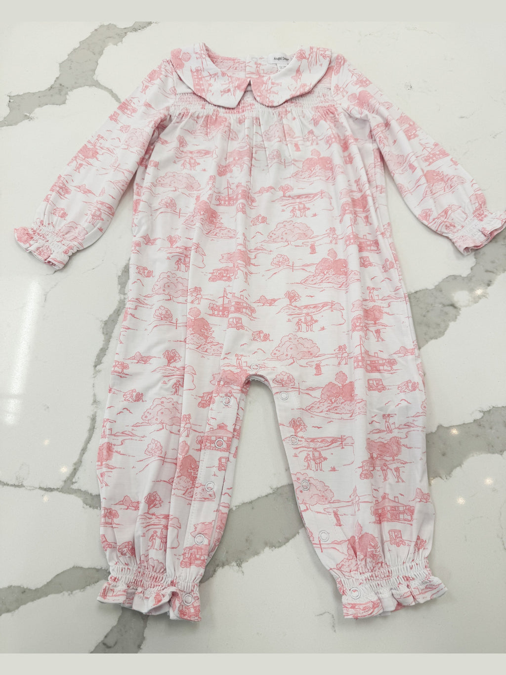 Golf Toile Pink - Smocked Long Sleeve Romper
