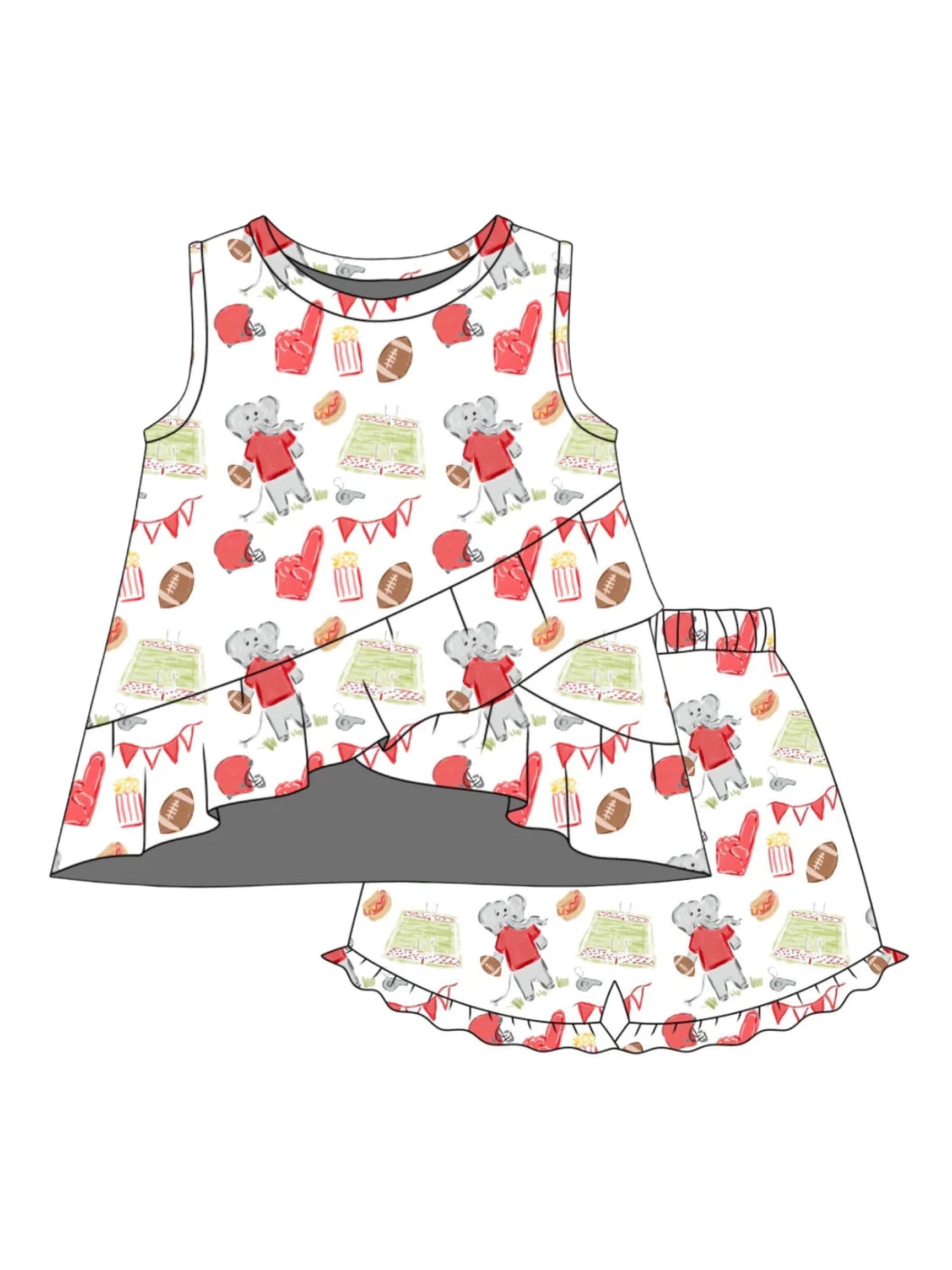 PRE-ORDER Rosie Ruffle Back Top with Susie Shorts - Game Day Elephant