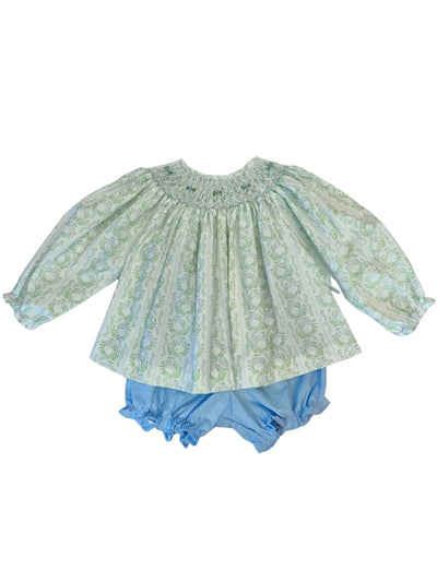 Green Floral Bishop Smocked Bloomer Set