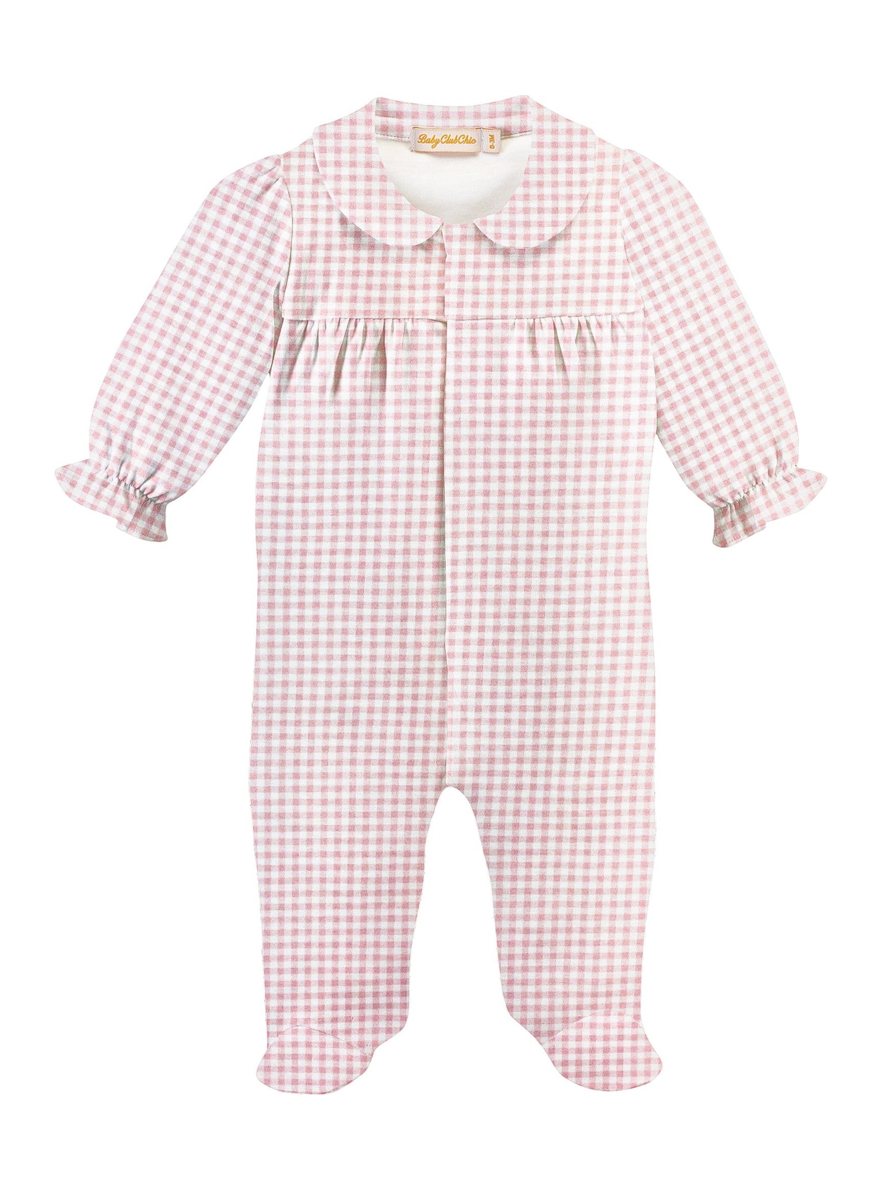 Pink Minichecks Printed Pima Footie With Round Collar
