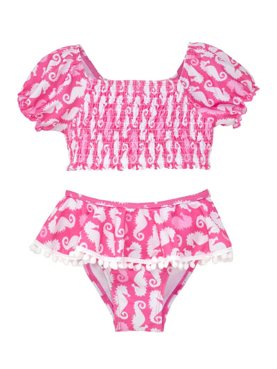 UPF 50+ Gemma Two-Piece Smocked Pom-Pom Swimsuit - Happy Pink Seahorses