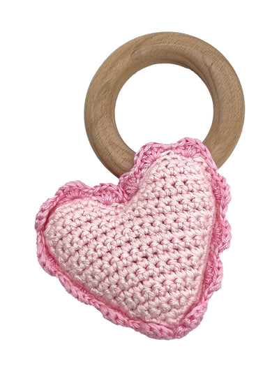 Heart Bamboo Crochet Wood Ring Rattle - Pink