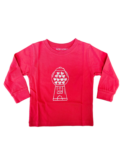 Red long-sleeve shirt with a white gumball machine design featuring hearts 