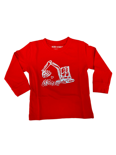 Red long-sleeve shirt with white excavator graphic