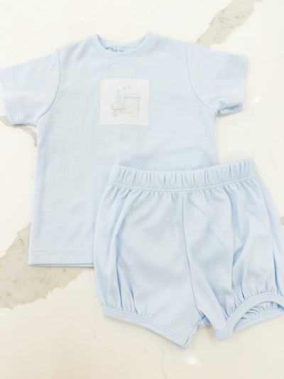 Blue Knit Banded Short Set with Train