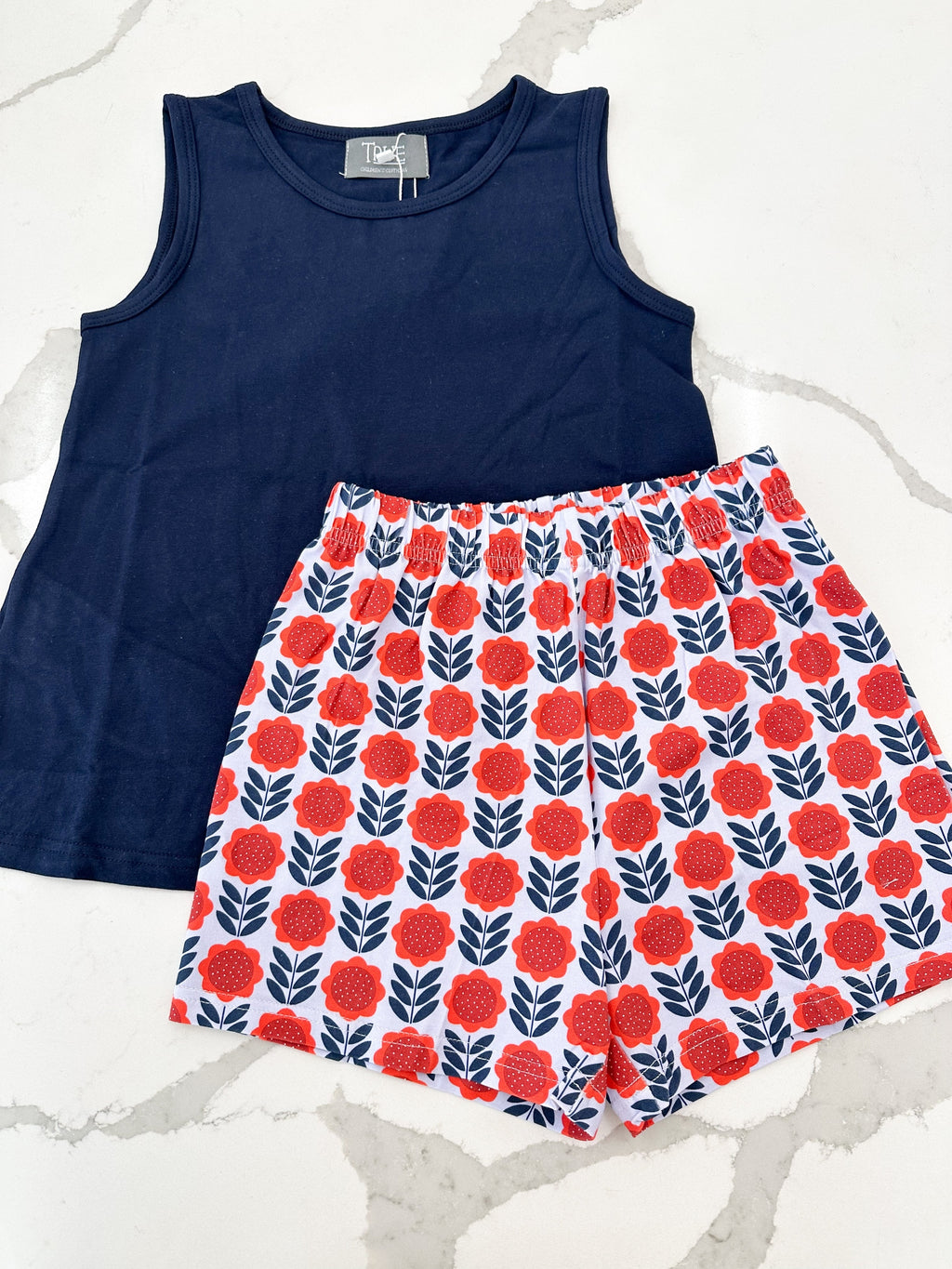 Navy Floral Ruffle Back Short Set