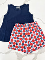 Navy Floral Ruffle Back Short Set