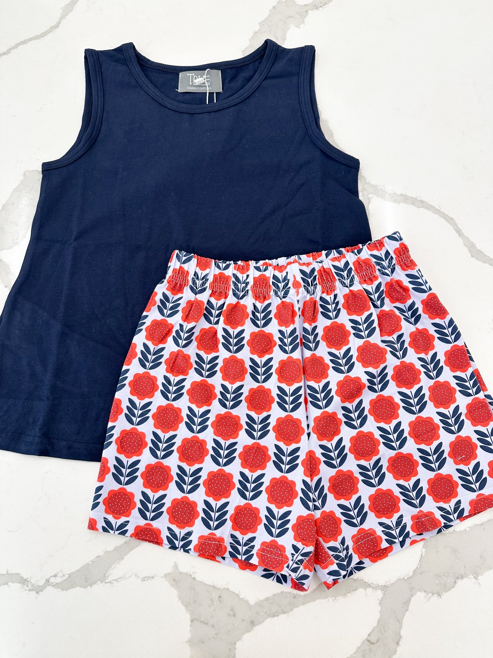 Navy Floral Ruffle Back Short Set