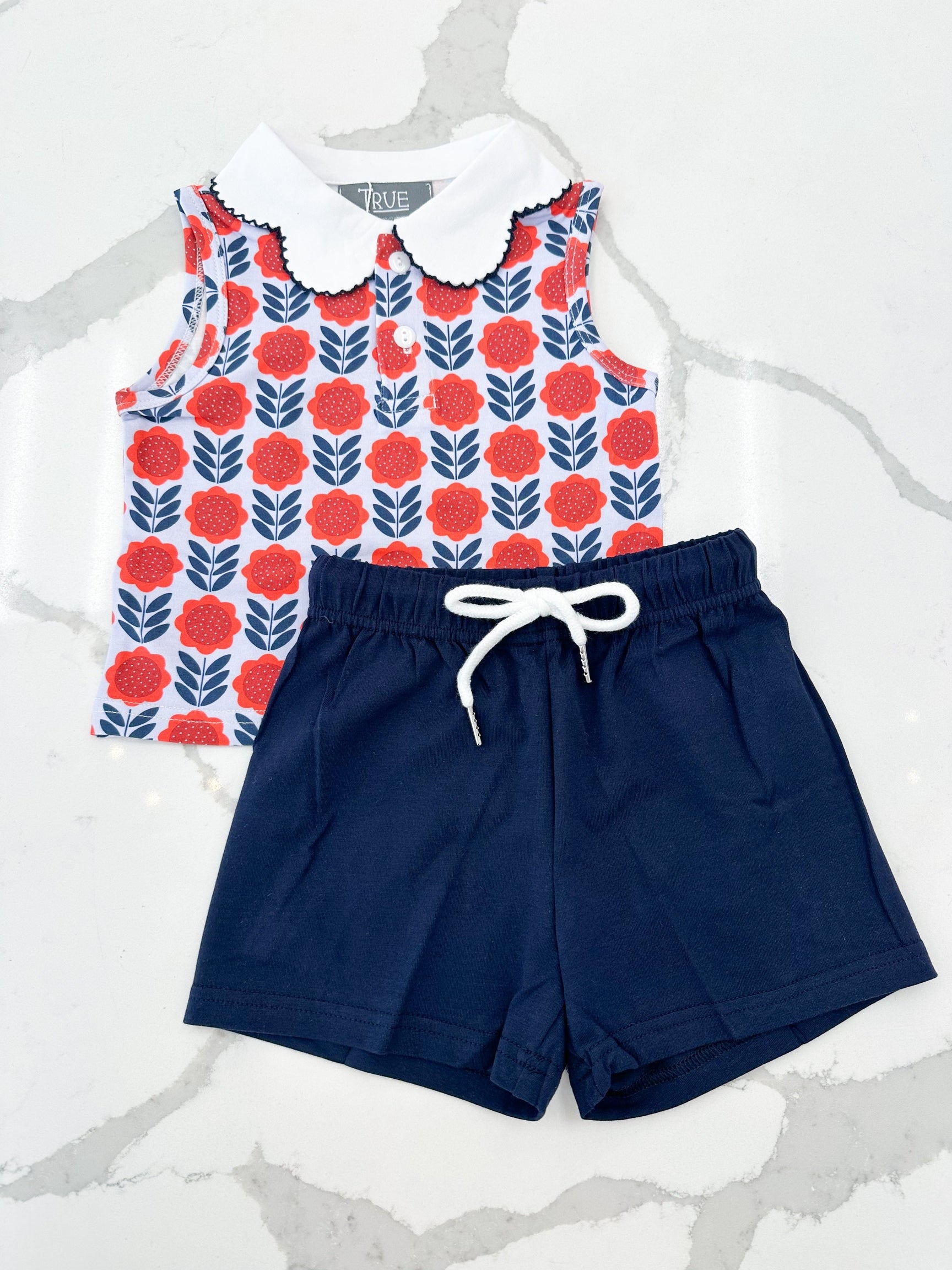 Navy Floral Scallop Collar Short Set