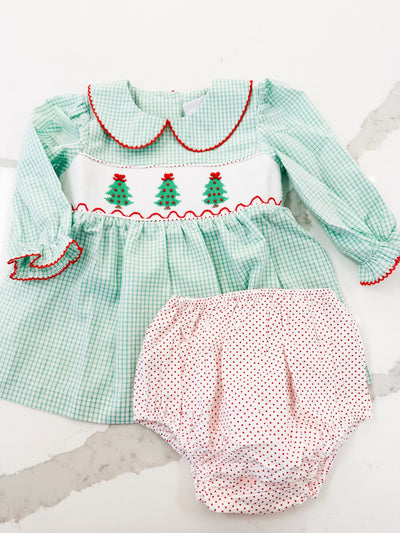 Christmas Tree Smocked Bloomer Set