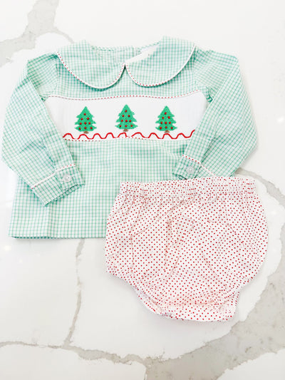 Christmas Tree Smocked Boy Bloomer Set