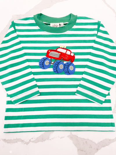 Monster Truck Applique Striped L/S Shirt