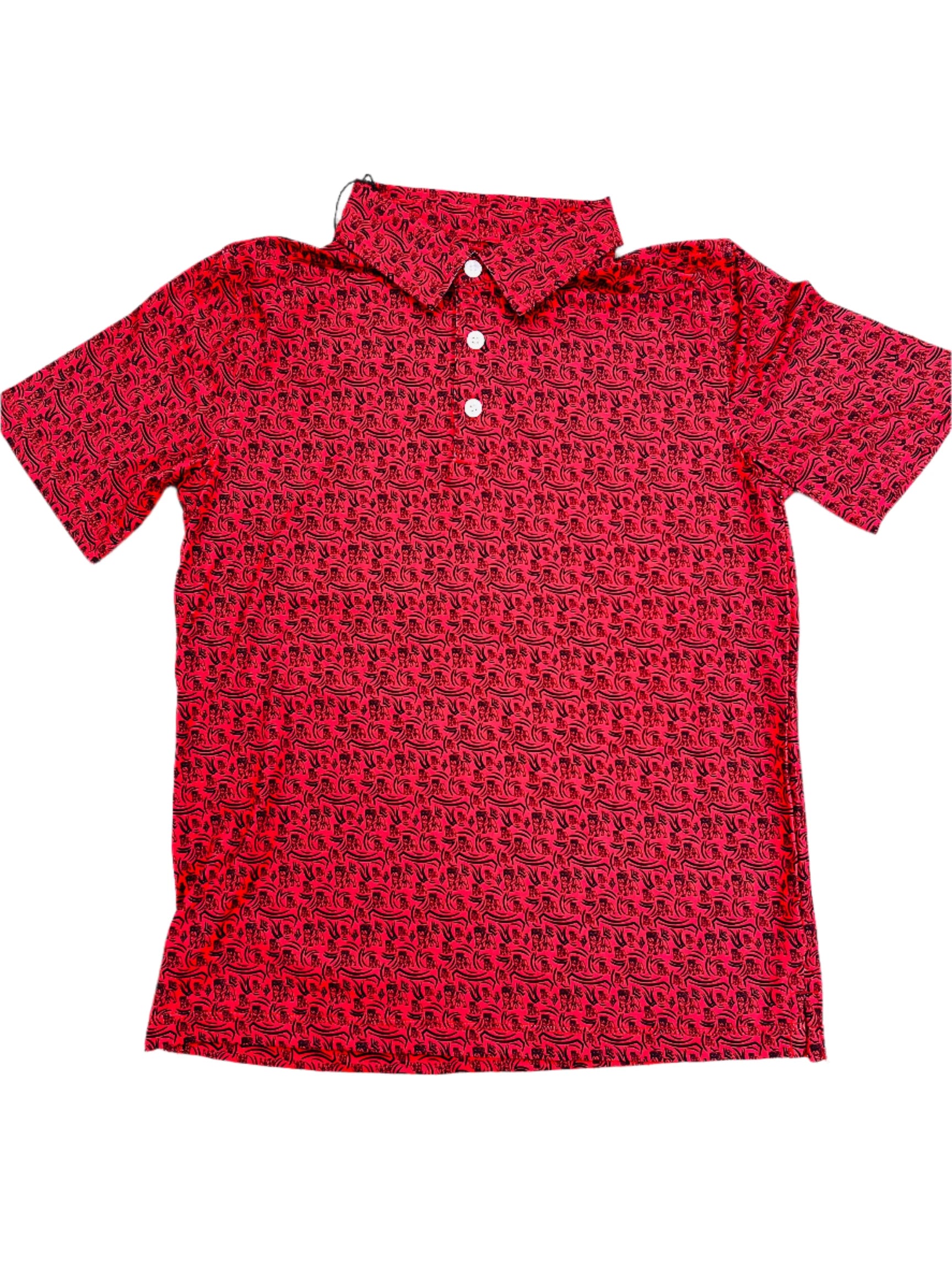 Black bulldog print on red performance polo