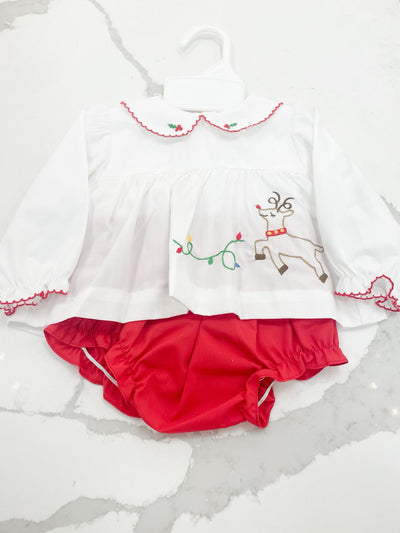 Reindeer Embroidered Girl Bloomer Set