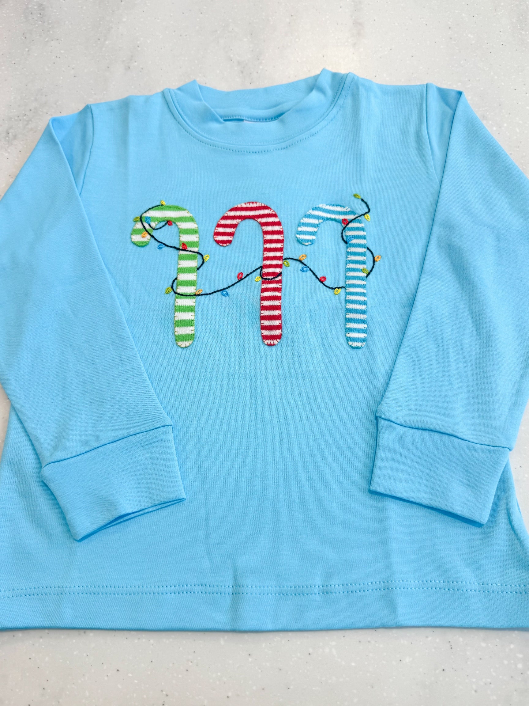 Blue Candy Cane Applique Crewneck Shirt