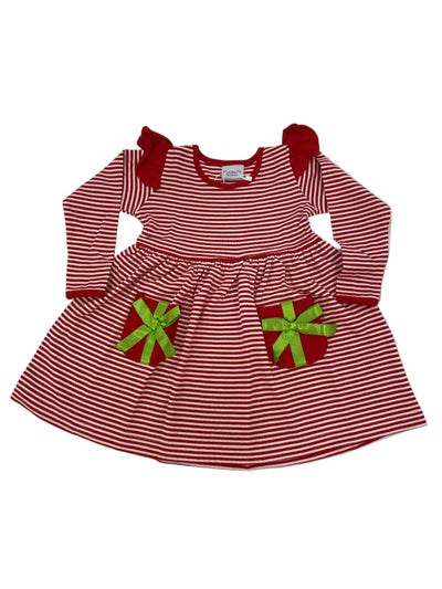 Red and white striped knit dress with red angel wings and with green gift decorations on the pockets