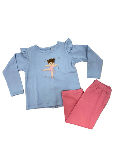Light blue long-sleeve shirt with a ballerina design and bubblegum pink knit leggings